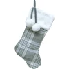 STOCKING 20.5″ GRAY/WHITE PLAID W/ FAUX FUR CUFF & POM POMS