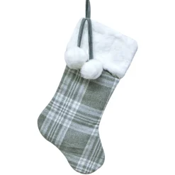 STOCKING 20.5″ GRAY/WHITE PLAID W/ FAUX FUR CUFF & POM POMS