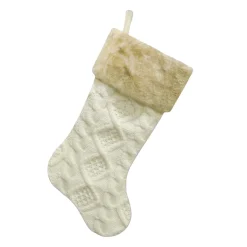 STOCKING 20.5″ IVORY CABLE KNIT W/ FAUX FUR CUFF