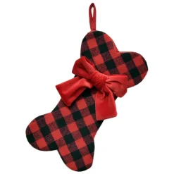STOCKING 14″ PET DOG BONE RED/BLACK PLAID BONE W/ RED VELVET BOW