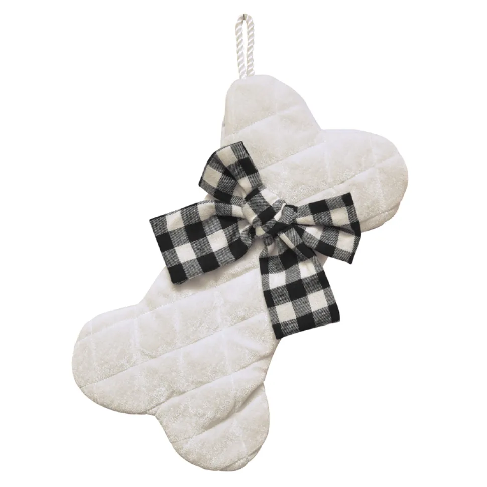 STOCKING 14″ PET DOG BONE WHITE VELVET QUILTED W/ BLK/ WHT PLAID BOW