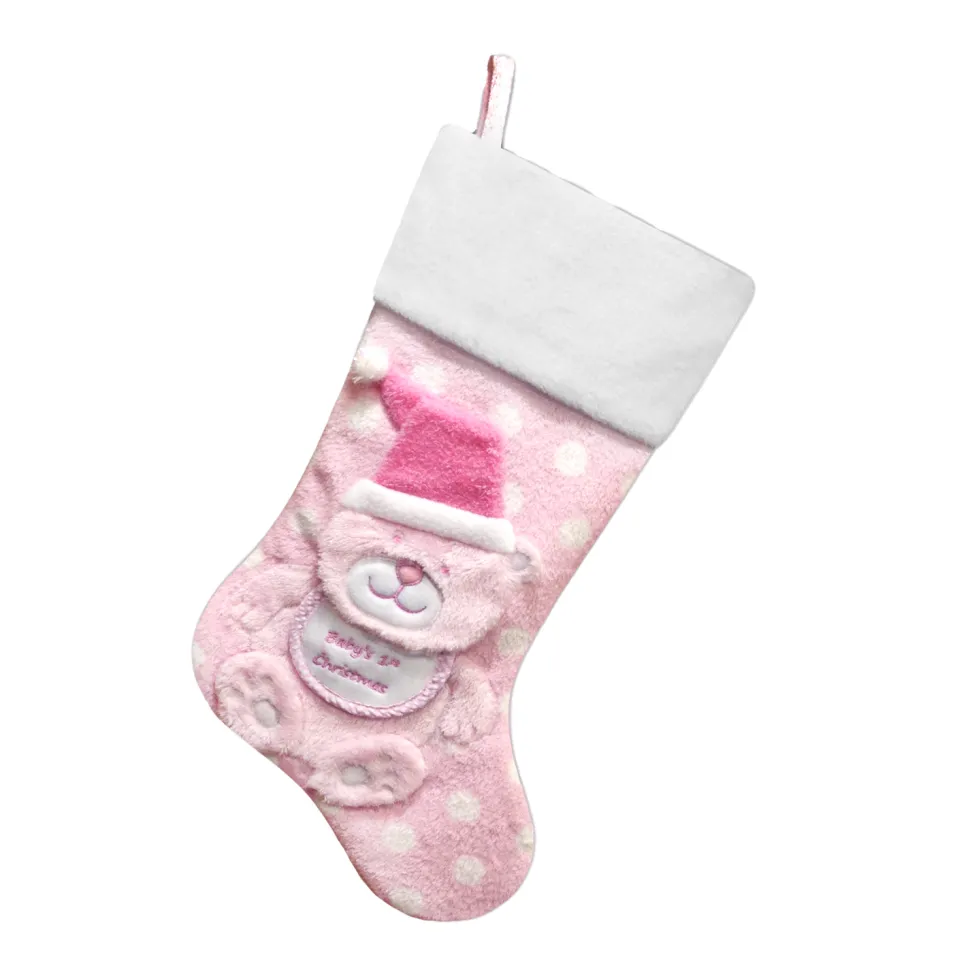 STOCKING 20.5″ PINK FAUX FUR, DIMENSIONAL FAUX FUR BEAR DESIGN