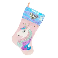 STOCKING 20.5″ PINK/MULTI VELVET W/ REVERSIBLE SEQUINS CUFF, GLITTER SEQUINS, UNICORN DESIGN