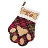 STOCKING 13″ PLAID RED/GREEN PLAID W/ LEATHER APPLIQUE, SHERPA CUFF W/ PAW EMBROIDERY
