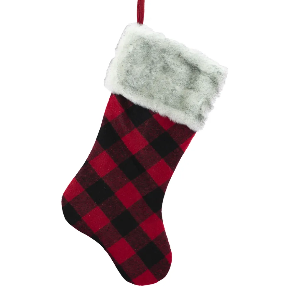 STOCKING 20.5″ RED/ BLACK BUFFALO PLAID FUR CUFF