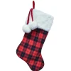 STOCKING 20.5″ RED/ BLACK BUFFALO PLAID W/ FAUX FUR CUFF & POMPOMS