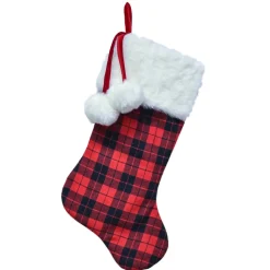 STOCKING 20.5″ RED/ BLACK BUFFALO PLAID W/ FAUX FUR CUFF & POMPOMS