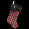 STOCKING 20.5″ RED/ BLACK PLAID BLACK FAUX FUR CUFF AND POM POMS