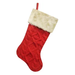 STOCKING 20.5″ RED CABLE KNIT W/ FAUX FUR CUFF