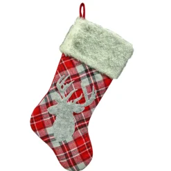 STOCKING 20.5″ RED/ GRAY PLAID W/ REINDEER APPLIQUE & FAUX FUR CUFF