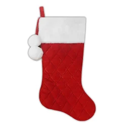 STOCKING 20.5″ RED QUILTED VELVET W/ FAUX FUR CUFF & POM POMS