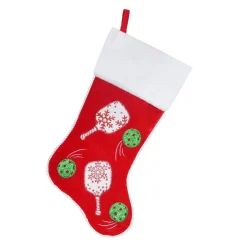 STOCKING 20.5″ RED VELVET W/ CORD & FAUX FUR CUFF, METALLIC MARACAS EMBROIDERY