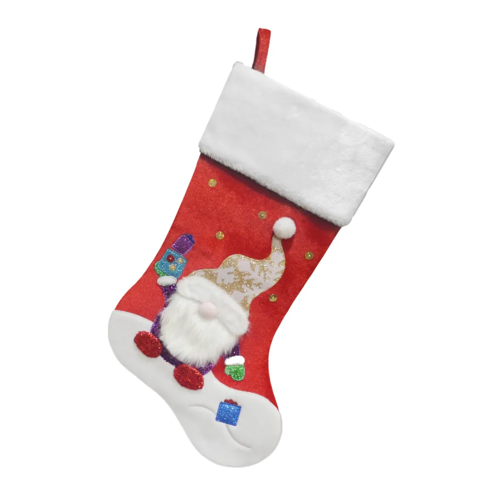STOCKING 20.5″ RED VELVET W/ FAUX FUR CUFF, METALLIC EMBROIDERY GNOME DESIGN