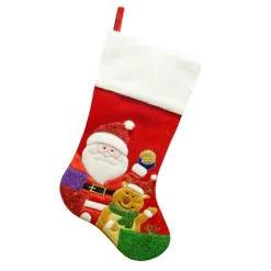 STOCKING 20.5″ RED VELVET W/ FAUX FUR CUFF, GLITTER SANTA & REINDEER EMBROIDERY