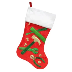 STOCKING 20.5″ RED VELVET W/ FAUX FUR CUFF, METALLIC TOOLS EMBROIDERY