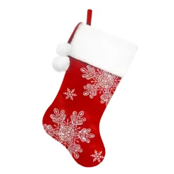 STOCKING 20.5″ RED VELVET W/ IRID. SNOWFLAKES SEQUINS EMBROIDERY, FAUX FUR CUFF W/ POM POMS