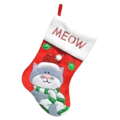 STOCKING 13″ RED VELVET W/ METALLIC CAT APPLIQUE, FLEECE CUFF W/ EMBROIDERY & METALLIC CORD