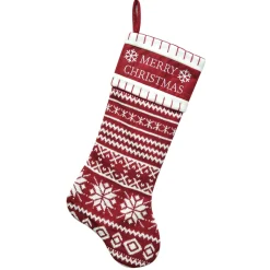 STOCKING 20.5″ RED/WHITE KNITTED NORDIC PRNT W/ MERRY CHRISTMAS EMB CUFF