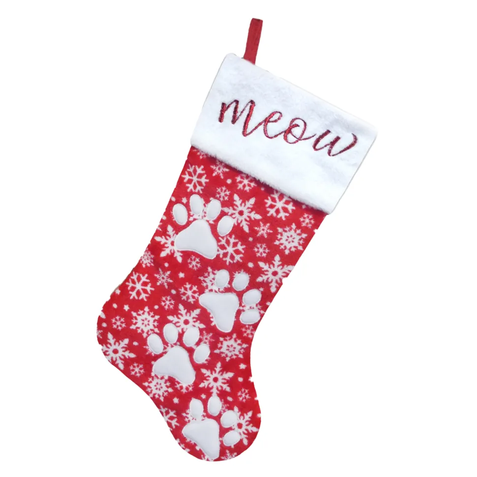 STOCKING 20.5″ RED/WHITE SNOWFLAKE W/ APPLIQUE, FAUX FUR CUFF W/ PAW EMBROIDERY