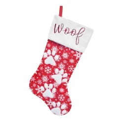 STOCKING 20.5″ RED/WHITE SNOWFLAKE W/ APPLIQUE, FAUX FUR CUFF W/ PAW EMBROIDERY