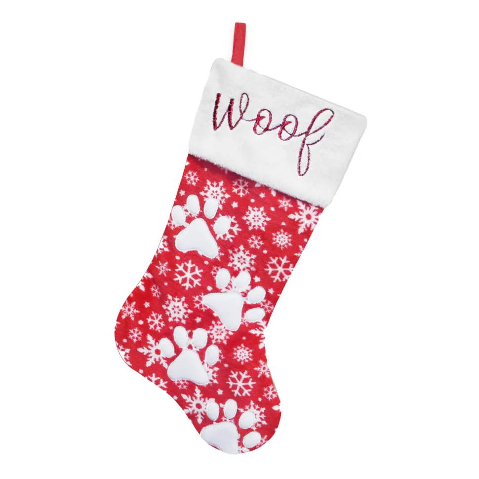 STOCKING 20.5″ RED/WHITE SNOWFLAKE W/ APPLIQUE, FAUX FUR CUFF W/ PAW EMBROIDERY