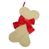 STOCKING 14″ TAN BURLAP W/ VELVET BOW, DOG BONE DESIGN