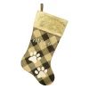 STOCKING 20.5″ TAN/BLACK BURLAP PLAID W/ FAUX FUR CUFF, PAW EMBROIDERY