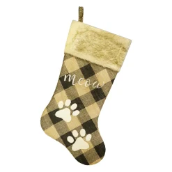 STOCKING 20.5″ TAN/BLACK BURLAP PLAID W/ FAUX FUR CUFF, PAW EMBROIDERY