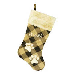 STOCKING 20.5″ TAN/BLACK BURLAP PLAID W/ FAUX FUR CUFF, PAW EMBROIDERY