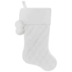 STOCKING 20.5″ WHITE QUILTED VELVET WITH FAUX FUR CUFF & POM POMS