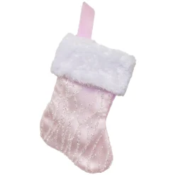 STOCKING MINI 6″ PINK ORGANZA W/ SILVER GLITTER WAVE PATTERN & FAUX FUR CUFF