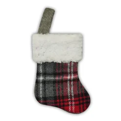 STOCKING MINI 6″ RED/ BLACK/ GRAY PLAID W/ SHERPA CUFF