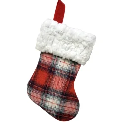 STOCKING MINI 6″ RED/ WHITE / BLACK PLAID W/ SHERPA CUFF