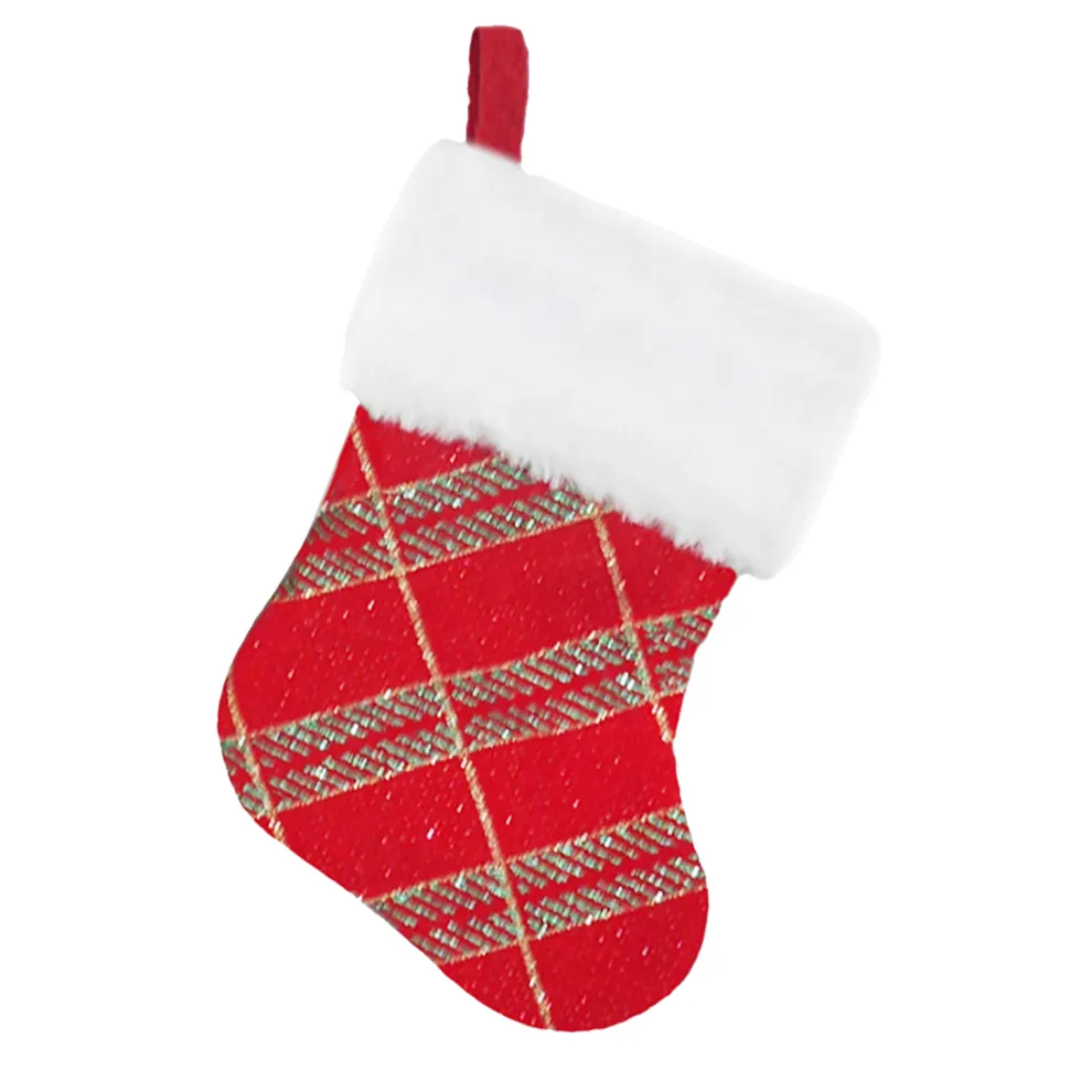 STOCKING MINI 6″ RED/GREEN GLITTER PRINT PLAID W/ FAUX FUR CUFF