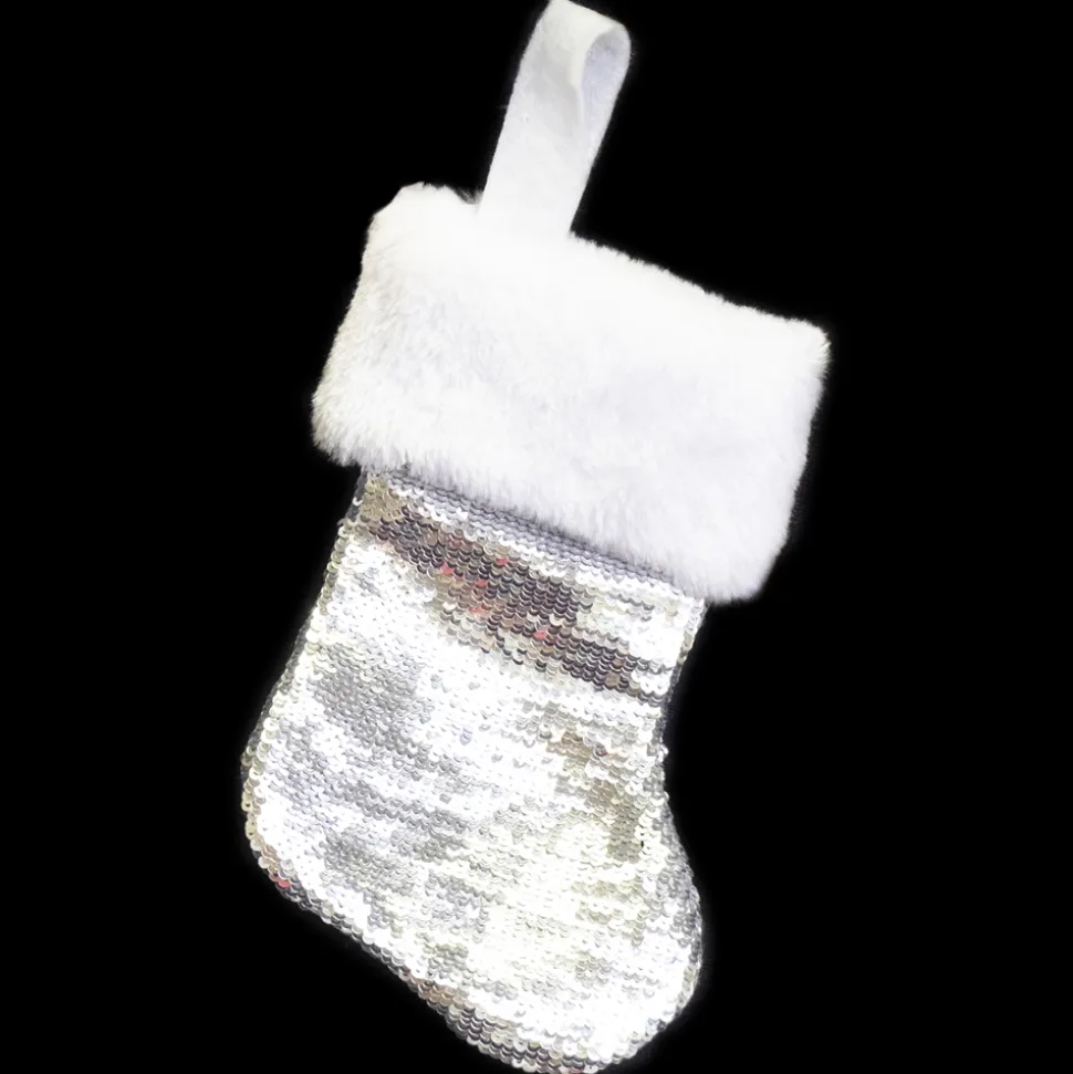 STOCKING MINI 6″ SILVER SEQUIN W/FAUX FUR CUFF