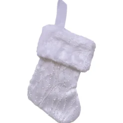STOCKING MINI 6″ WHITE ORGANZA W/ SILVER GLITTER WAVE PATTERN & FAUX FUR CUFF
