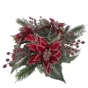 TABLE DECOR RED POINSETTIA 16″ ICED W/ CANDLE HOLDER W/ MIXED GREENS & ICED RED BERRIES