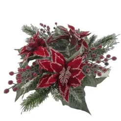 TABLE DECOR RED POINSETTIA 16″ ICED W/ CANDLE HOLDER W/ MIXED GREENS & ICED RED BERRIES