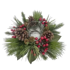 TABLE DECOR W/ CANDLE HOLDER 16″ W/ RED BERRIES NEEDLE PINE & CONES