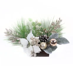 TABLE DECOR WHITE POINSETTIA 16″ MIXED GREENS W/ BERRIS & CHAMPAGNE BALLS