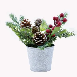 TABLE PIECE 8″ MIXED GREENS W/ PINE CONES & BERRIES IN POT