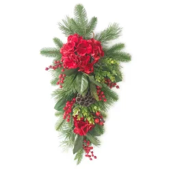 TEARDROP RED HYDRANGEA 30″ W/LOTUS PODS , MIXED GREENS & RED BERRIES