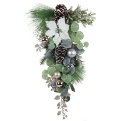 TEARDROP WHITE POINSETTIA 28″ W/ MIXED GRRENS BERRIES & CHAMPAGNE BALLS