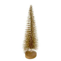 TREE BOTTLE BRUSH GOLD GLTR. 14″ W/ WOOD BASE