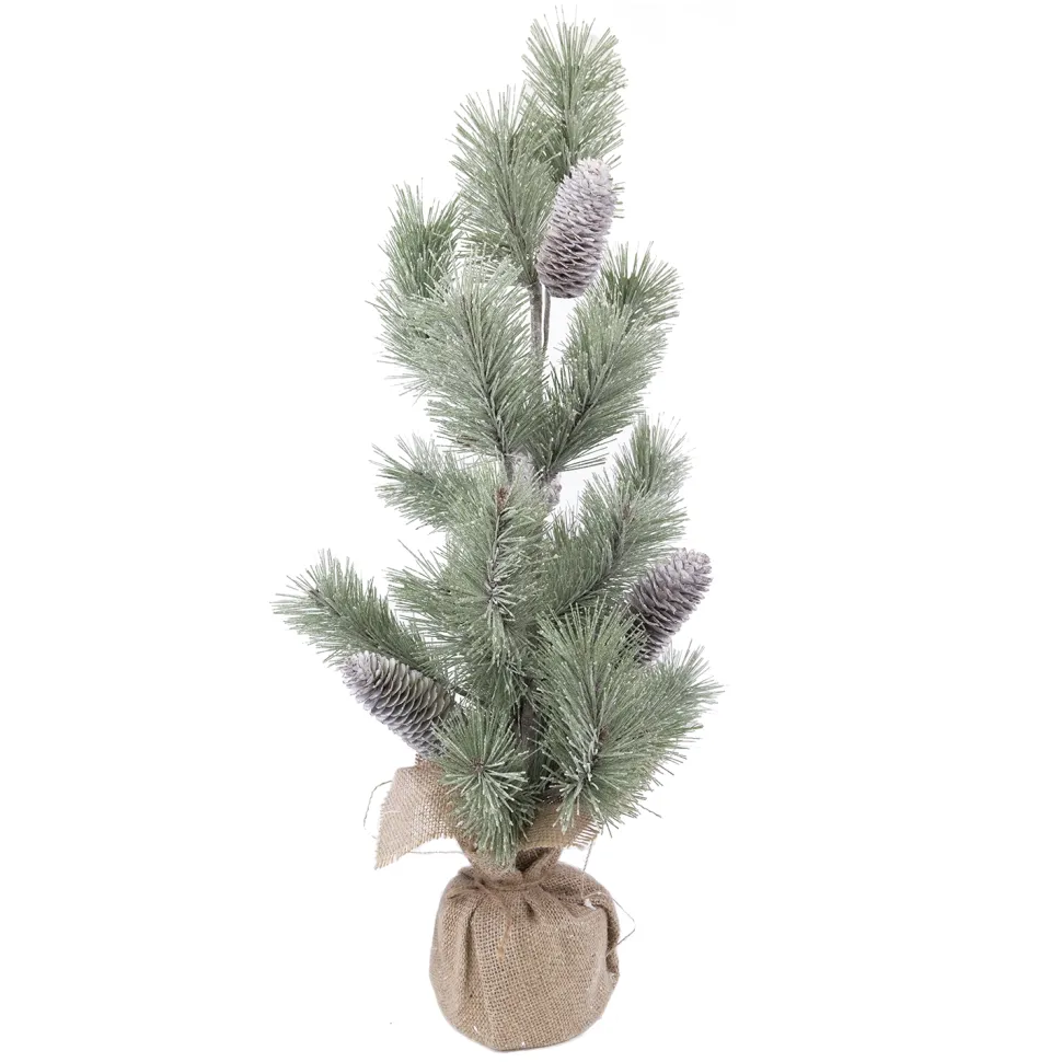 TREE FROSTED NEEDLE PINE 25″ W/ PINE CONES & BURLAP BASE