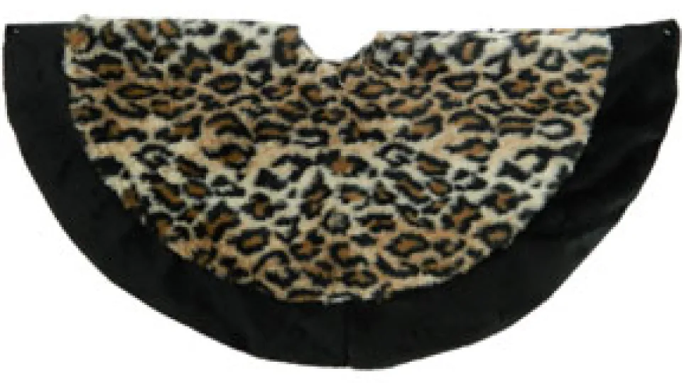 TREE SKIRT 34″ BLACK/ BEIGE LEOPARD PRINT PLUSH W/ BLACK BORDER