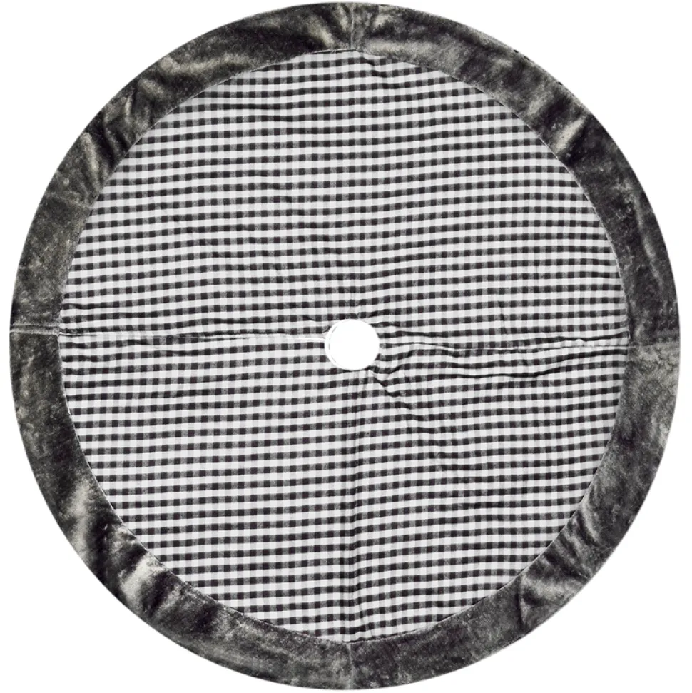 TREE SKIRT 42″ BLACK/ WHITE CHECK W/ GRAY FUR BORDER