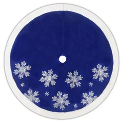 TREE SKIRT 48″ BLUE VELVET W/ FAUX FUR BORDER, IRID. SNOWFLAKES SEQUINS EMBROIDERY