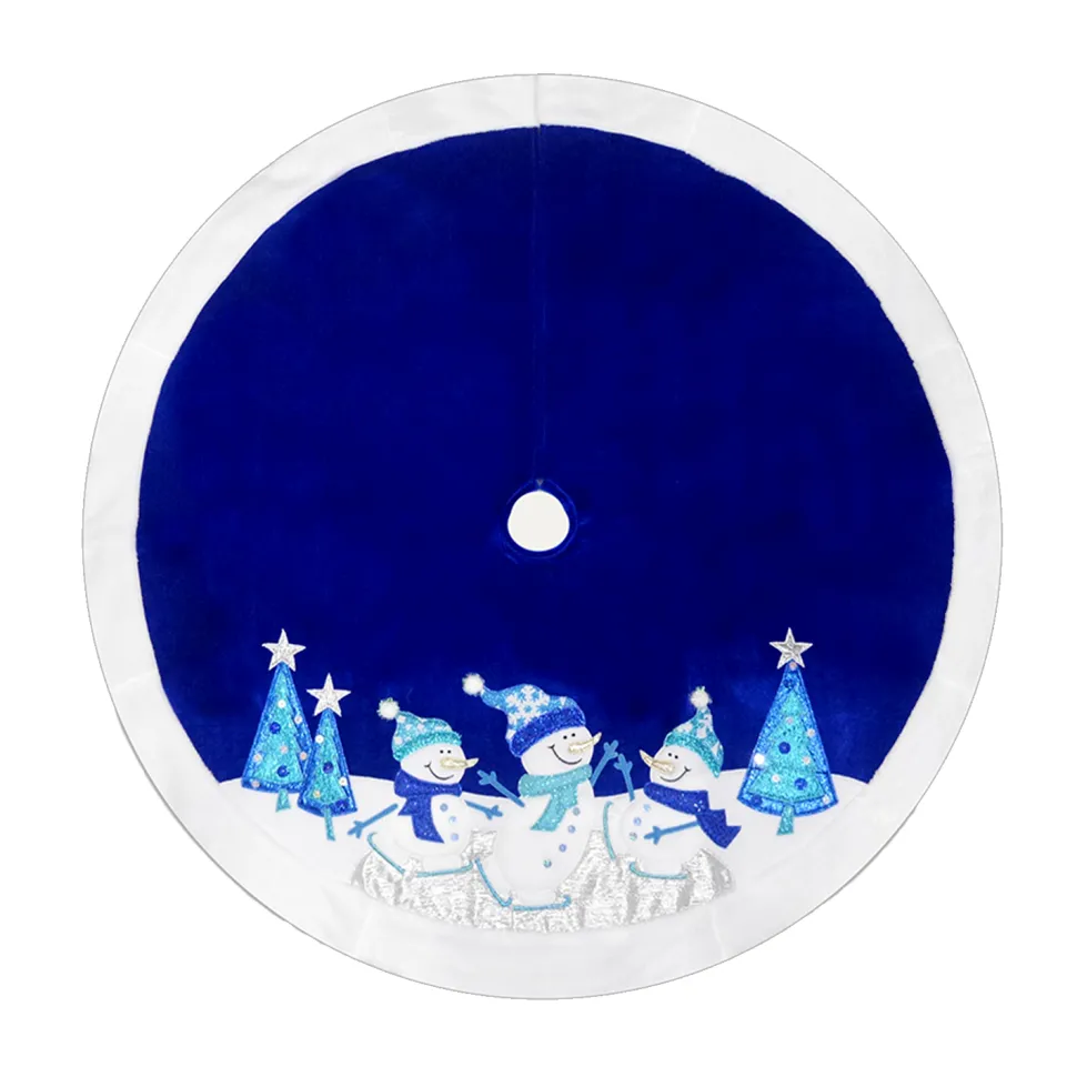TREE SKIRT 48″ BLUE/WHITE VELVET W/ FAUX FUR BORDER, METALLIC EMBROIDERY