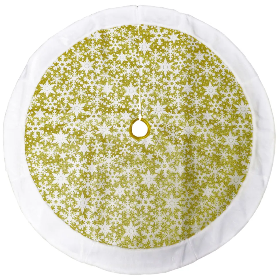 TREE SKIRT 48″ GLOD GLITTER W/ WHT SNOWFLAKES AND FAUX FUR BORDER